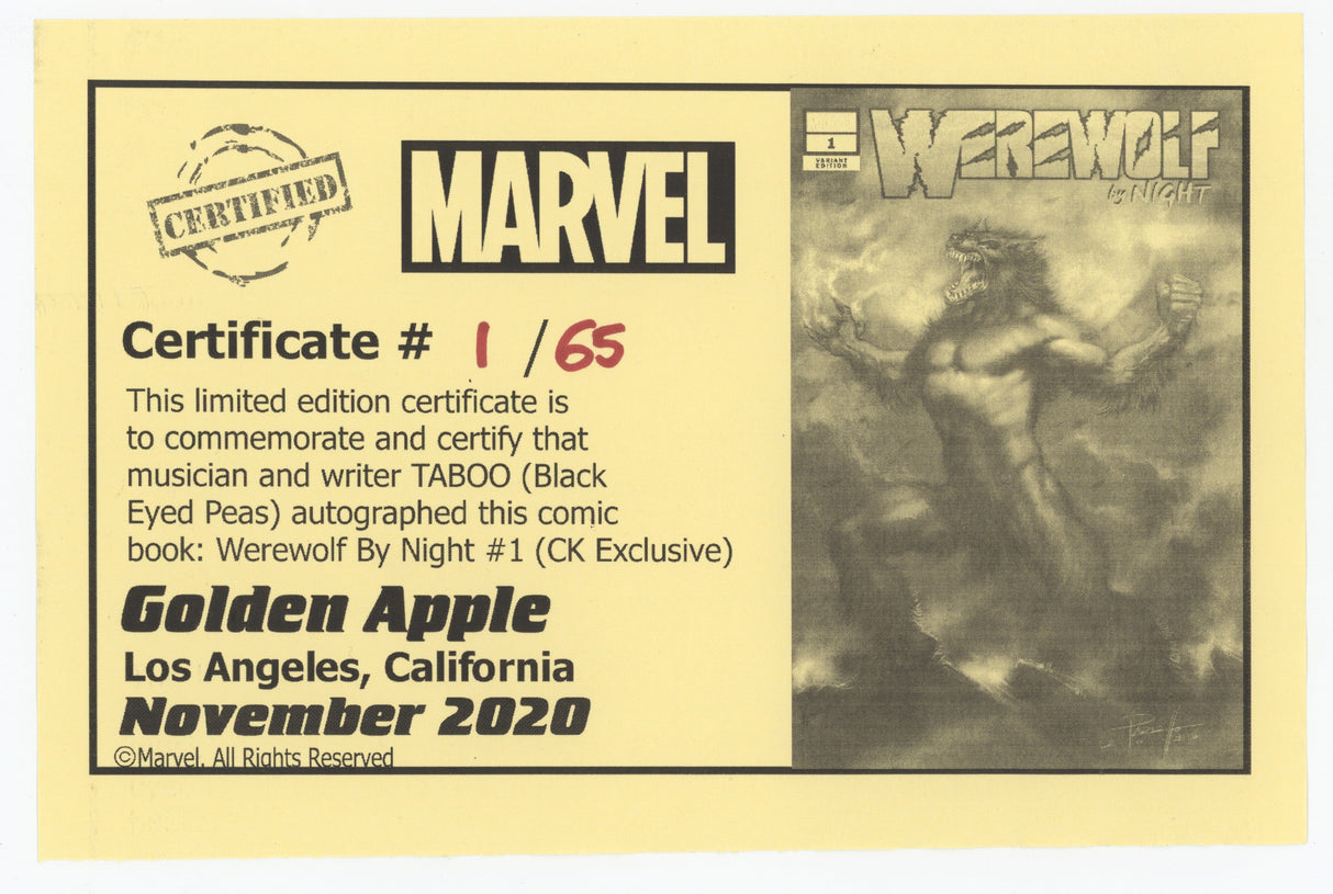 Werewolf By Night #1 (Of 4) Marvel 2020 Lucio Parrillo Variant NM Signed Taboo Black Eyed Peas COA