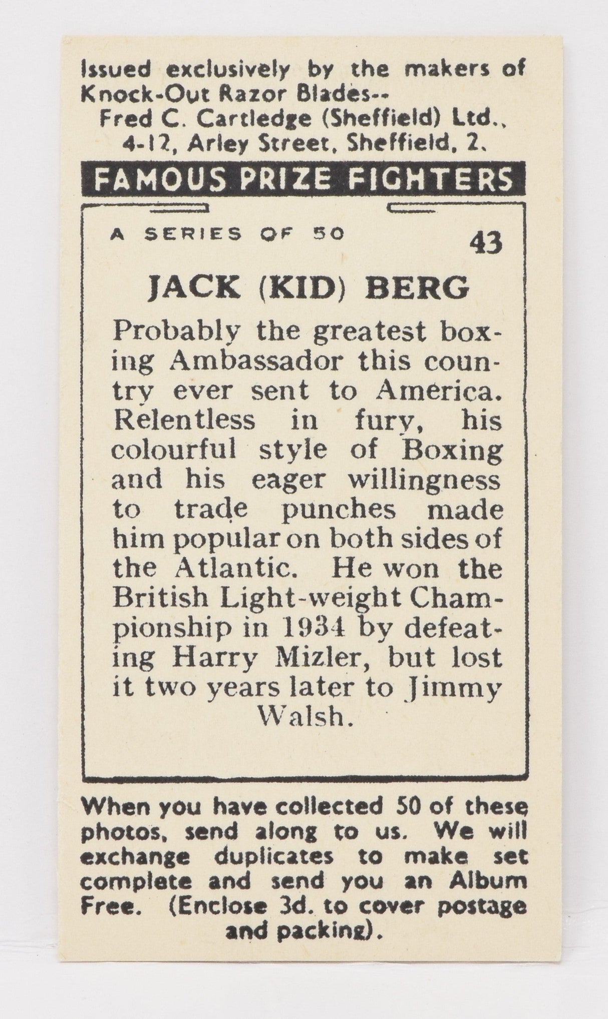 Jack Berg #43 Fred C Cartledge Knock-Out Razor Famous Prize Fighters Boxing Card 1938