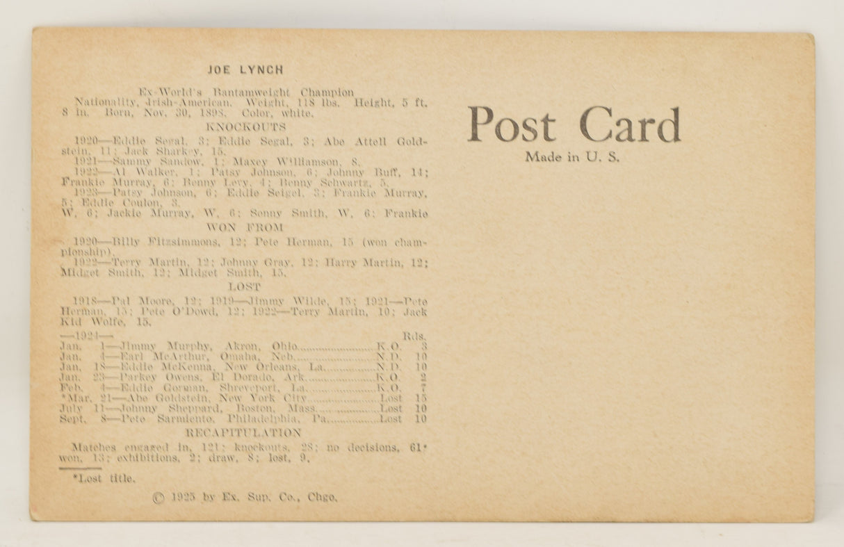 Joe Lynch Boxing Exhibit Card Postcard Penny Arcade Photo 1928 5 x 3