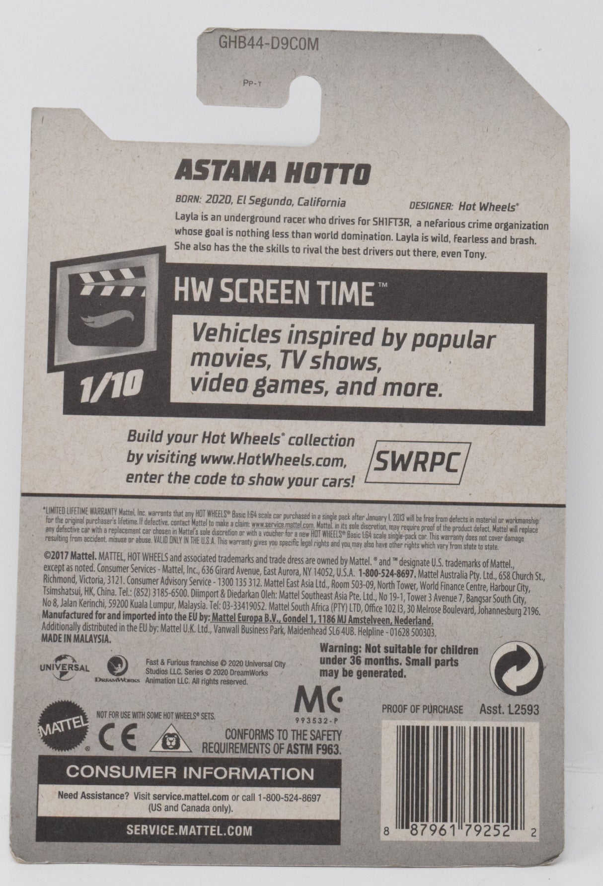 Hot Wheels Astana Hotto HW Screen Time Fast and Furious DieCast Car 1/10 214 New