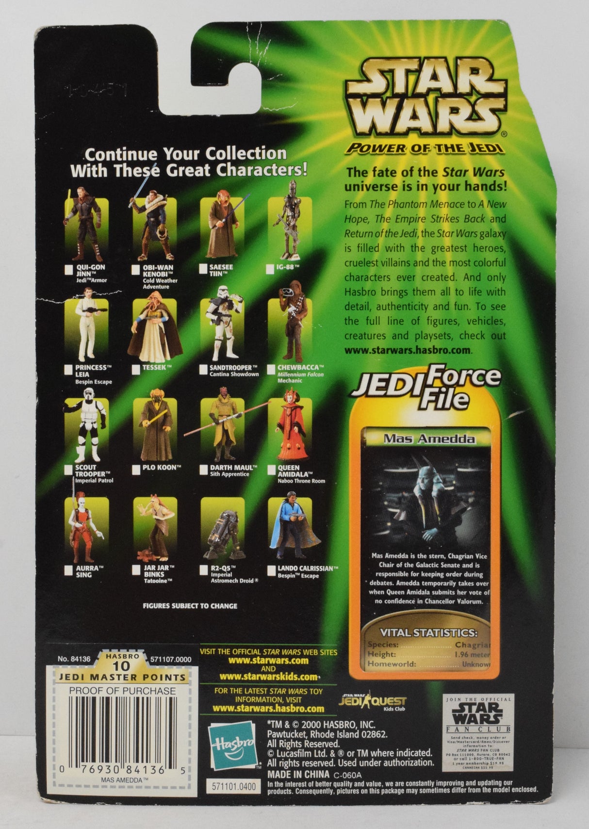 Hasbro Star Wars Power Mas Amedda of the Jedi Force File Collection 2 2000 New