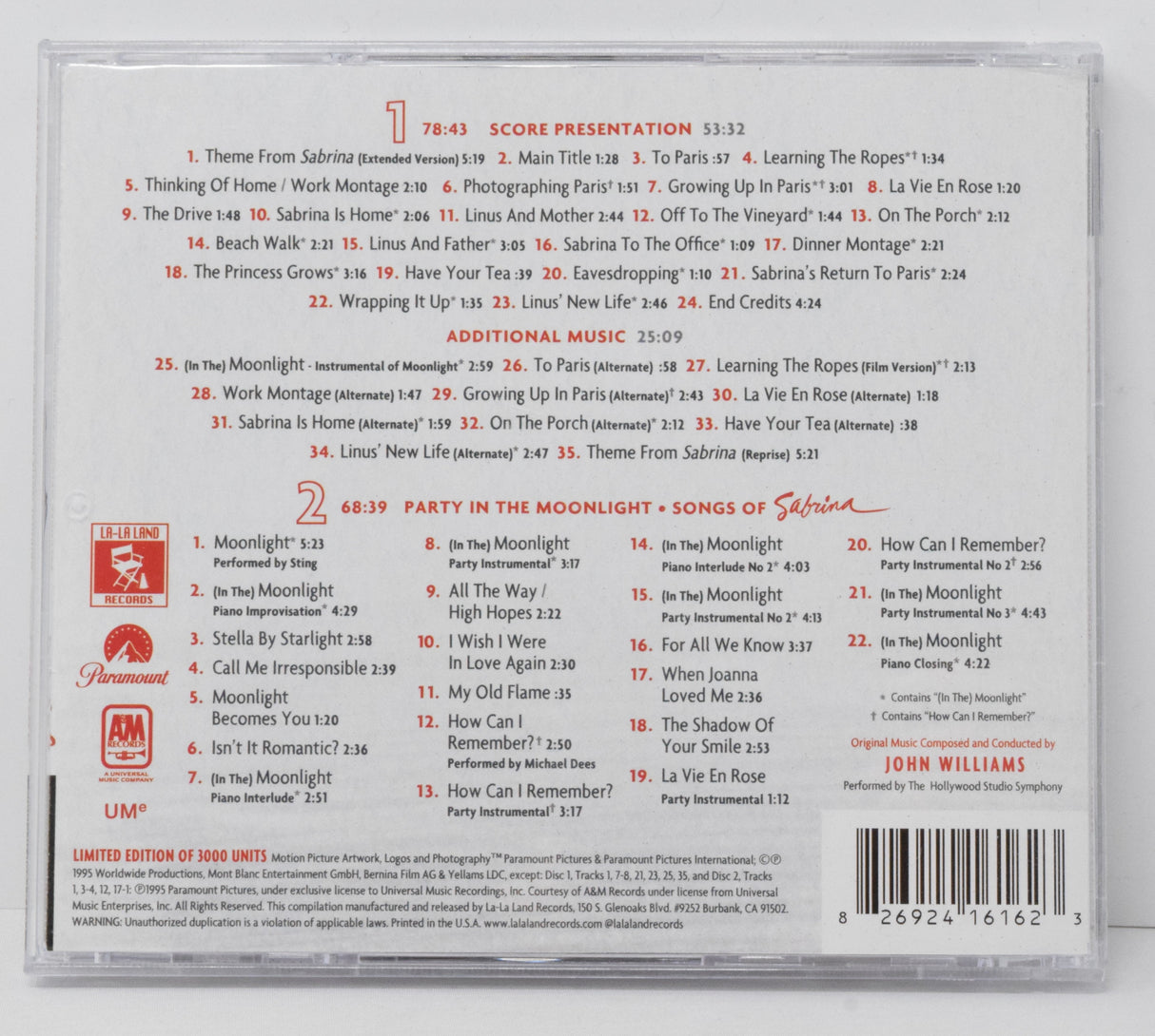 Sabrina Soundtrack CD John Williams LA-LA Land LTD 3000