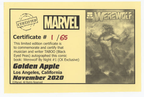 Werewolf By Night #1 (Of 4) Marvel 2020 Lucio Parrillo Variant NM Signed Taboo Black Eyed Peas COA