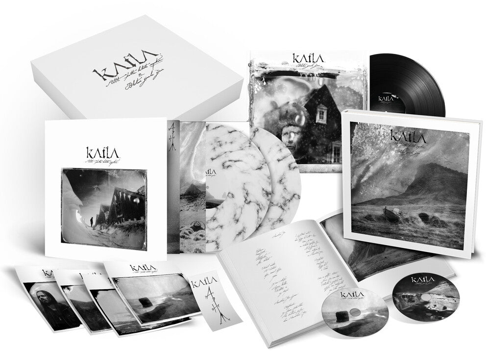 the album cover for Katla - Allt Thetta Helvitis Myrkur (Hardcover Book) (White/Black Marble)
