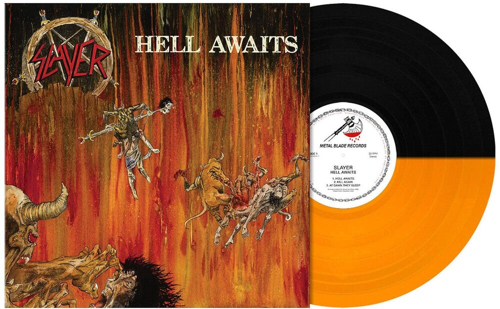 the album cover for Slayer - Hell Awaits [Limited Edition Transparent Orange & Black Split LP]