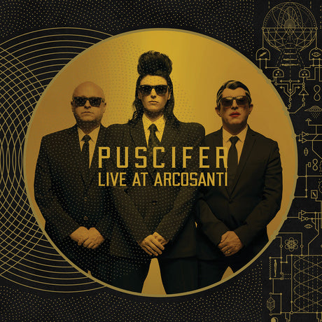the album cover for Puscifer - Existential Reckoning: Live at Arcosanti [Limited Edition Black & Gold Swirl 2LP]