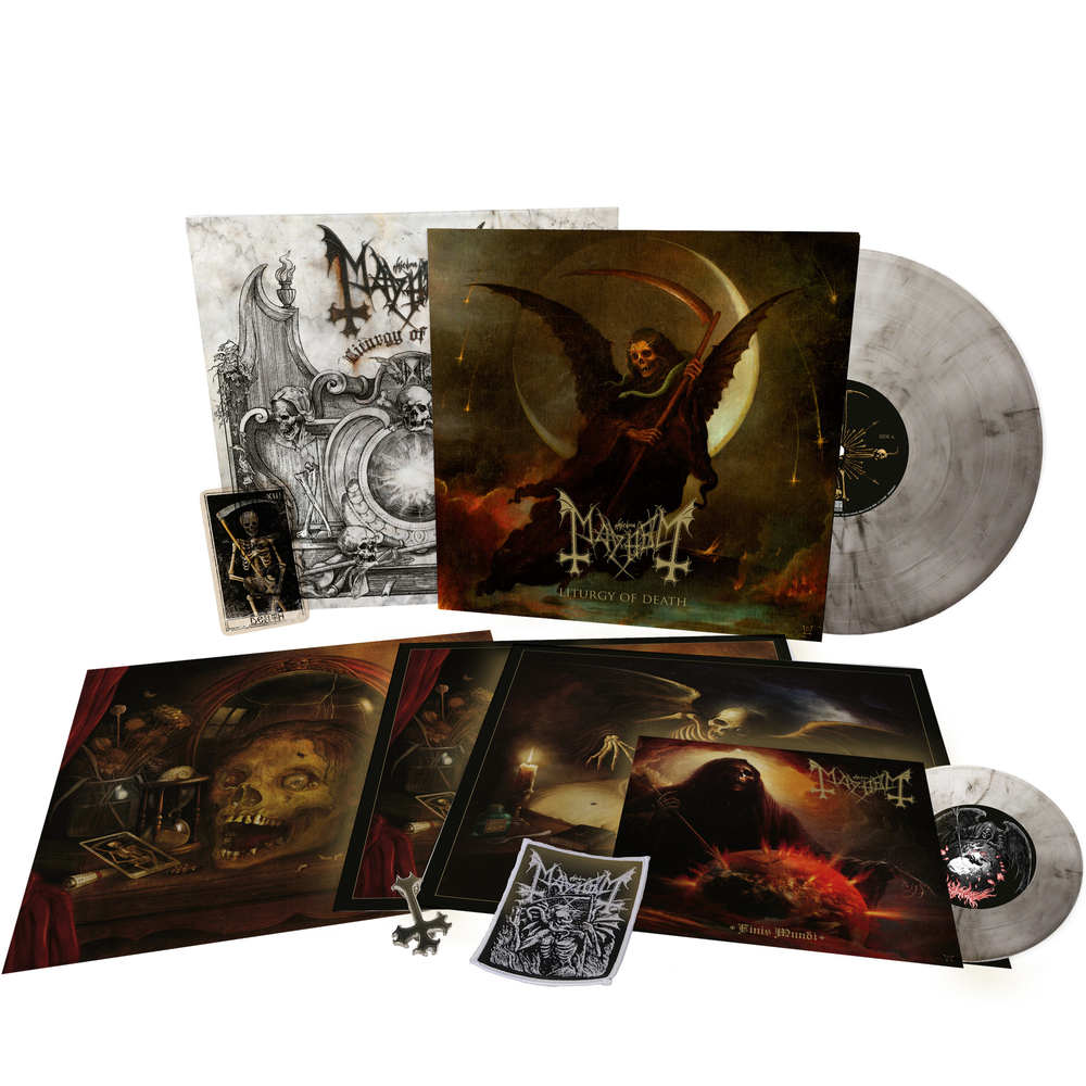 the album cover for Mayhem - Liturgy Of Death [Limited Edition Clear-Black Marbled LP + 7 Inch Box Set]