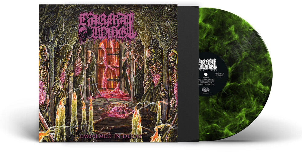 the album cover for Carnal Tomb - Embalmed In Decay - Lime/Black Marbled [Colored Vinyl]