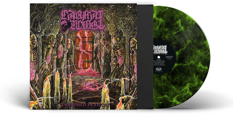 the album cover for Carnal Tomb - Embalmed In Decay - Lime/Black Marbled [Colored Vinyl]