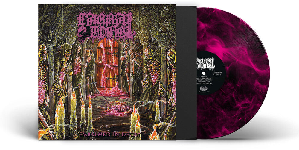 the album cover for Carnal Tomb - Embalmed In Decay - Magenta/Black Marble [Colored Vinyl]
