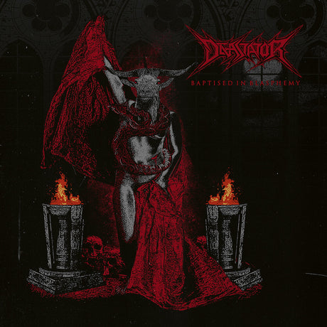 the album cover for Devastator - Baptised In Blasphemy [Colored Vinyl] [Clear Vinyl] [Limited Edition] (Red)