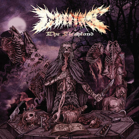 the album cover for Coffins - Fleshland - Limited Violet & Hot Pink with Violet, Pink & Bone White Splatter Colored Vinyl