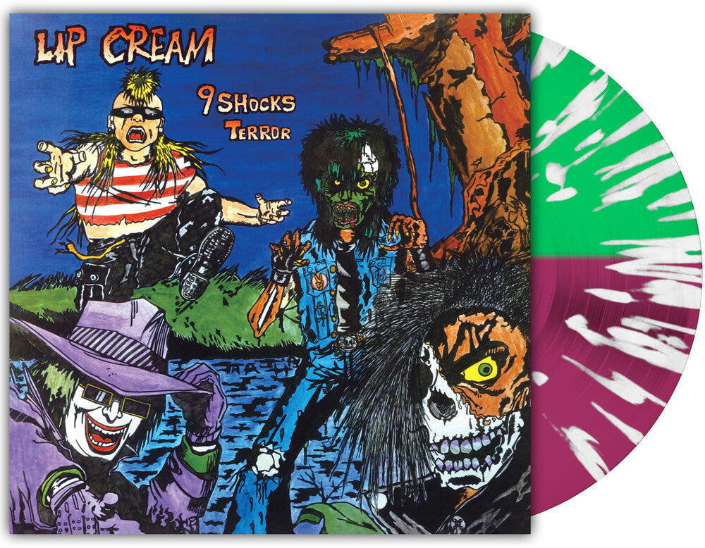 the album cover for Lip Cream - 9 Shocks Terror [Orchard Indie Exclusive Half Green and Half Purple with Splatter LP]