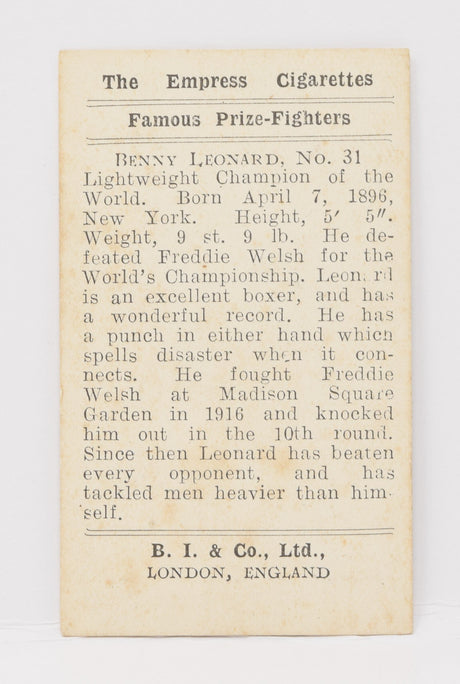 Benny Leonard #31 Empress Burstein Isaacs Famous Prize Fighters Boxing Boxer Card 1923