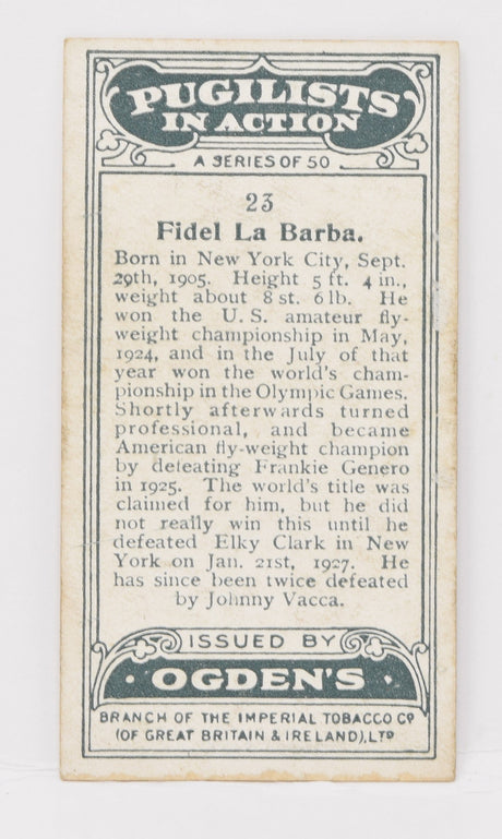 Fidel La Barba #23 Ogden's Pugilists Boxing Cigarette Card Boxer 1928