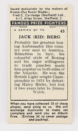 Jack Berg #43 Fred C Cartledge Knock-Out Razor Famous Prize Fighters Boxing Card 1938