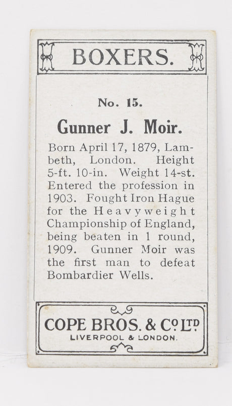 Gunner Moir #15 Cope Bros Co Boxer Boxing Trading Card 1915
