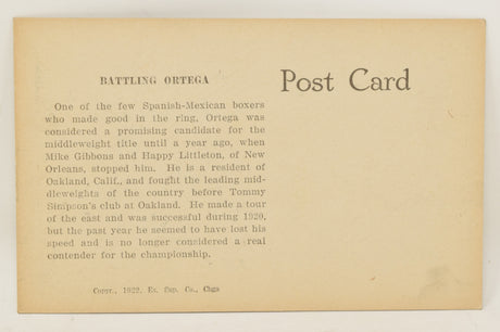 Battling Ortega Boxing Exhibit Card Postcard Penny Arcade Photo 1922 5 x 3