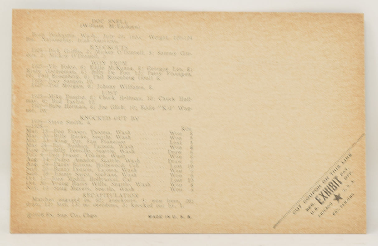 Doc Snell Boxing Exhibit Card Postcard Penny Arcade Photo 1928 5 x 3