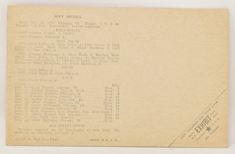 Joey Medill Boxing Exhibit Card Postcard Penny Arcade Photo 1928 5 x 3
