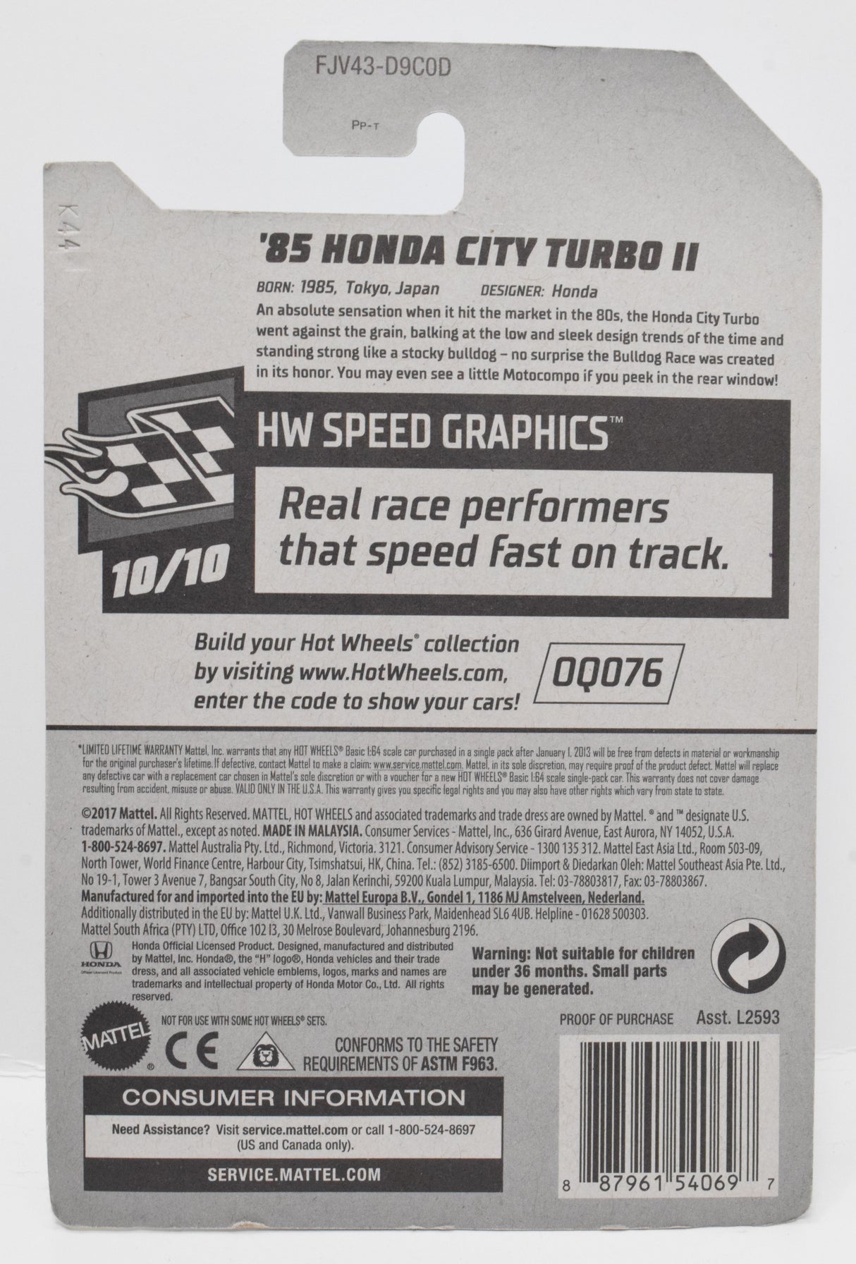 Hot Wheels 85 Honda City Turbo II HW Speed Graphics DieCast Car 10/10 68 New