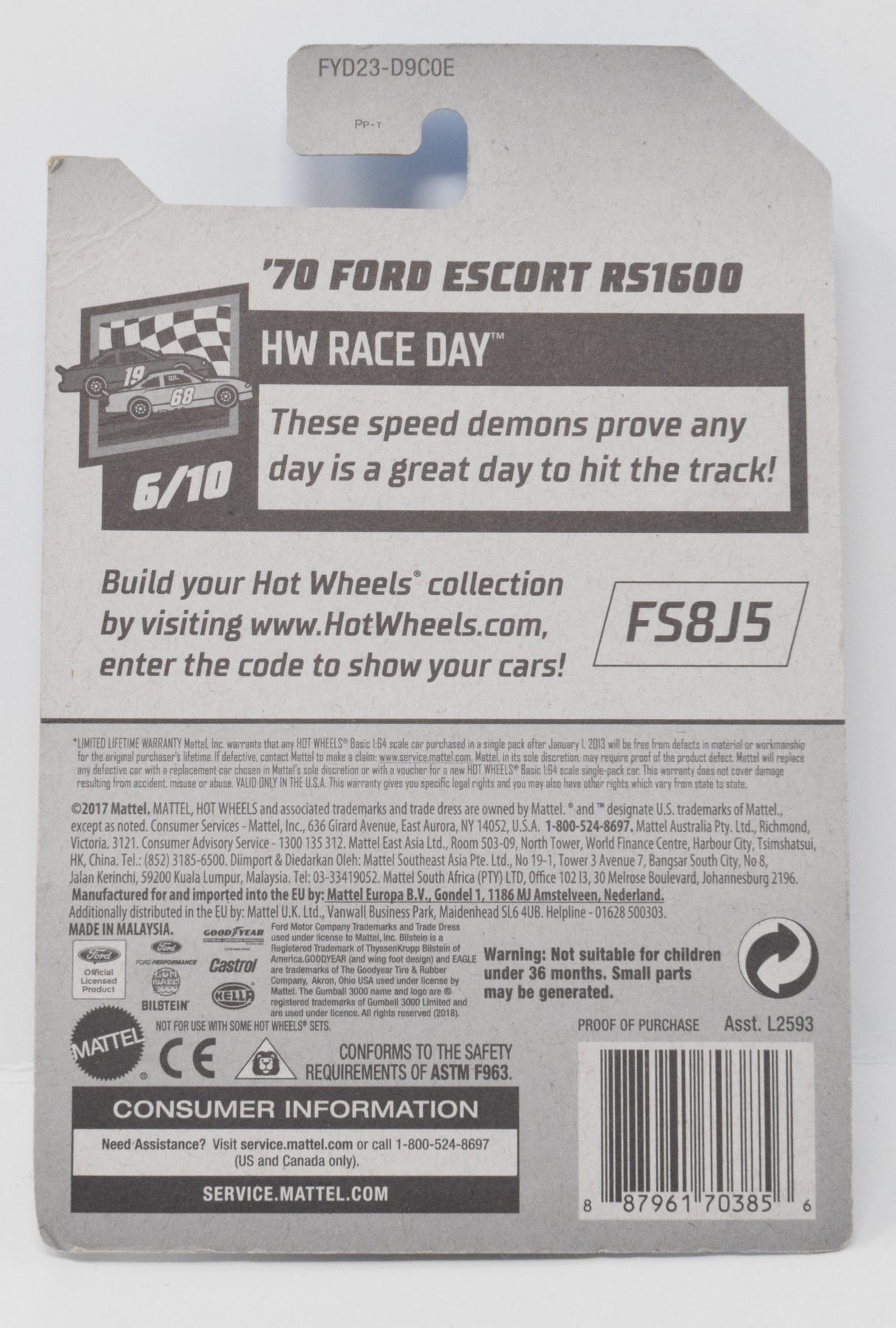 Hot Wheels 70 Ford Escort RS1600 HW Race Day Diecast Car White 6/10 102 New