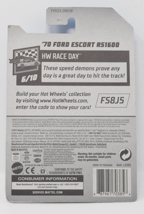 Hot Wheels 70 Ford Escort RS1600 HW Race Day Diecast Car White 6/10 102 New