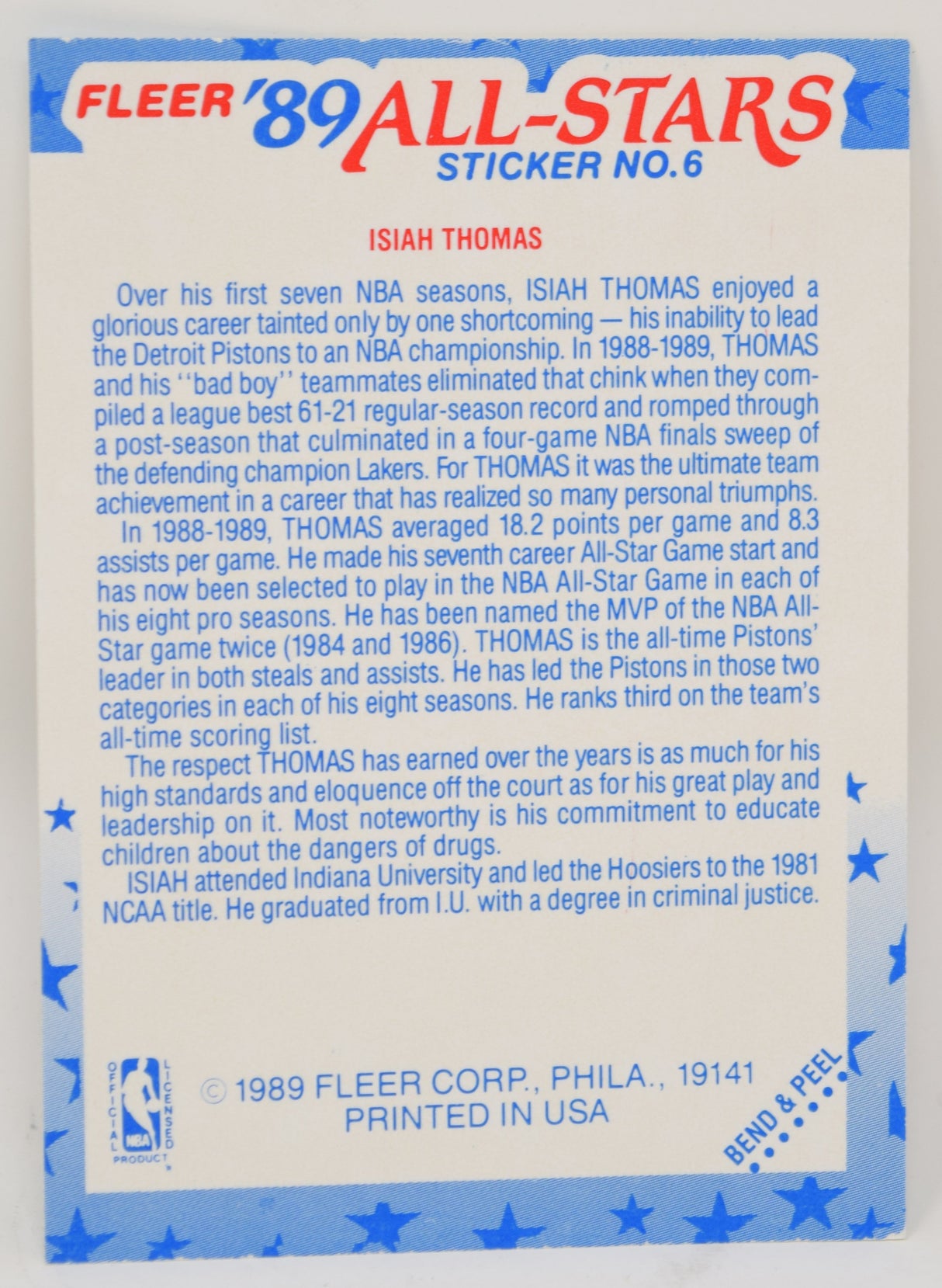Isiah Thomas Fleer All-Stars Sticker 1989-90 Basketball HOF Card 6
