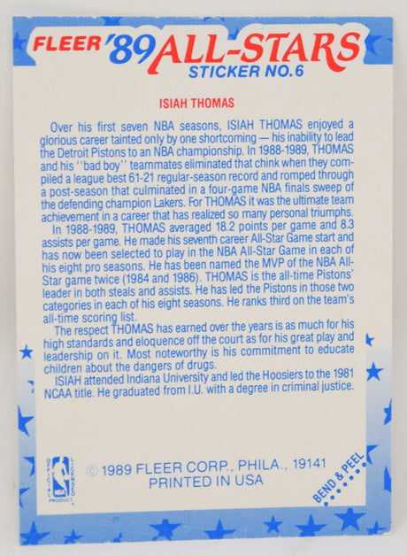Isiah Thomas Fleer All-Stars Sticker 1989-90 Basketball HOF Card 6