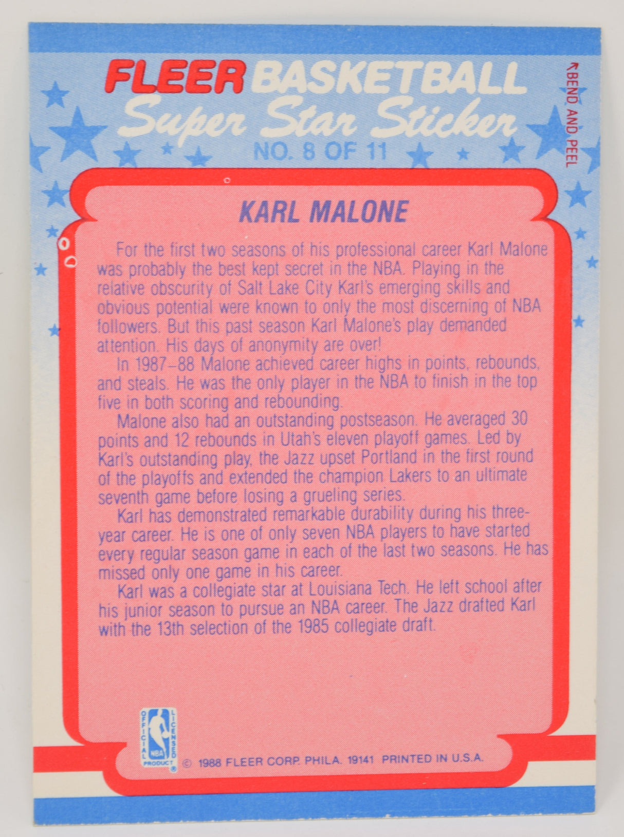 Karl Malone Fleer Super Star Sticker 1988-89 Basketball HOF Card 8