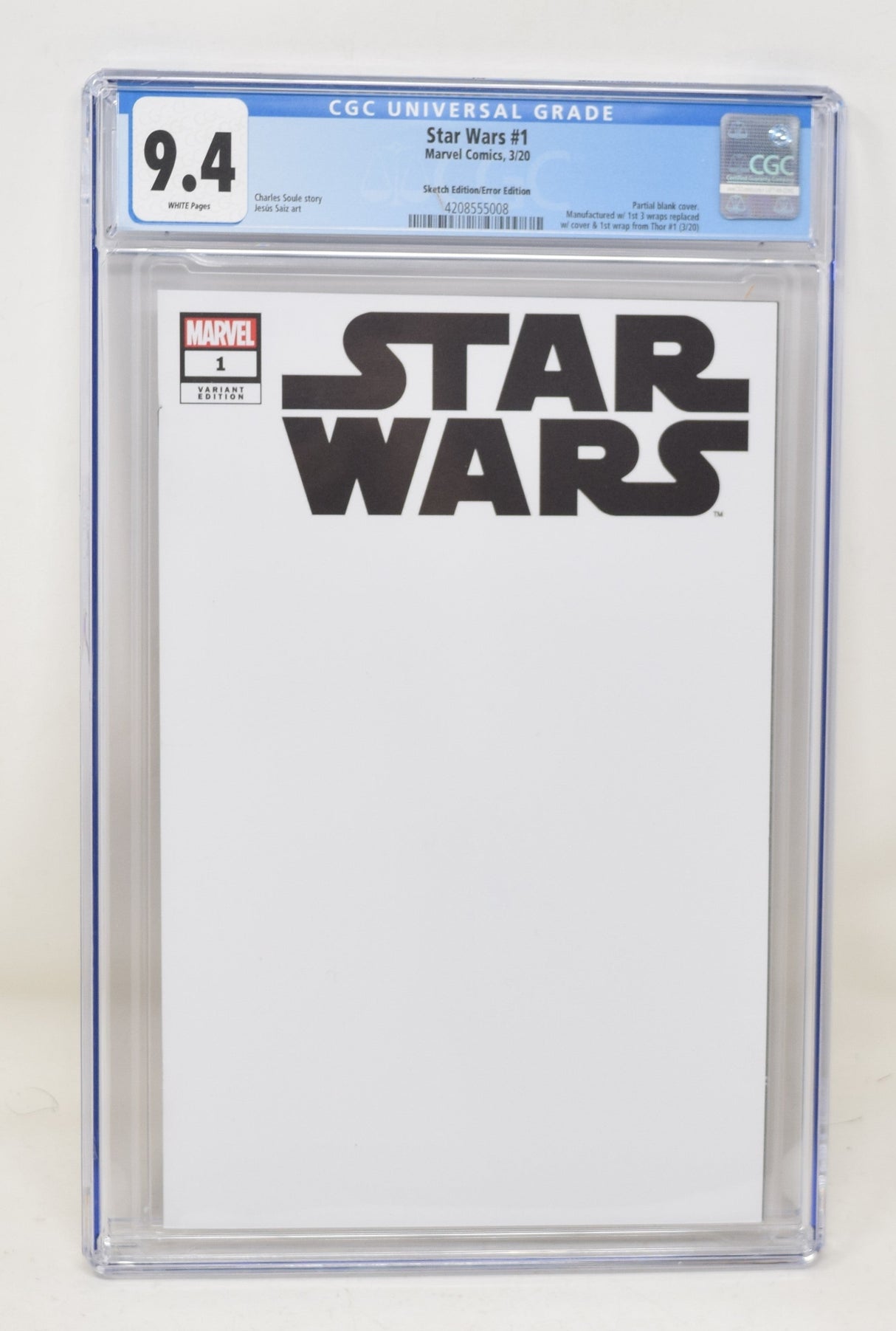 Star Wars 1 Marvel 2020 CGC 9.4 Thor Error Blank Miswrap Variant