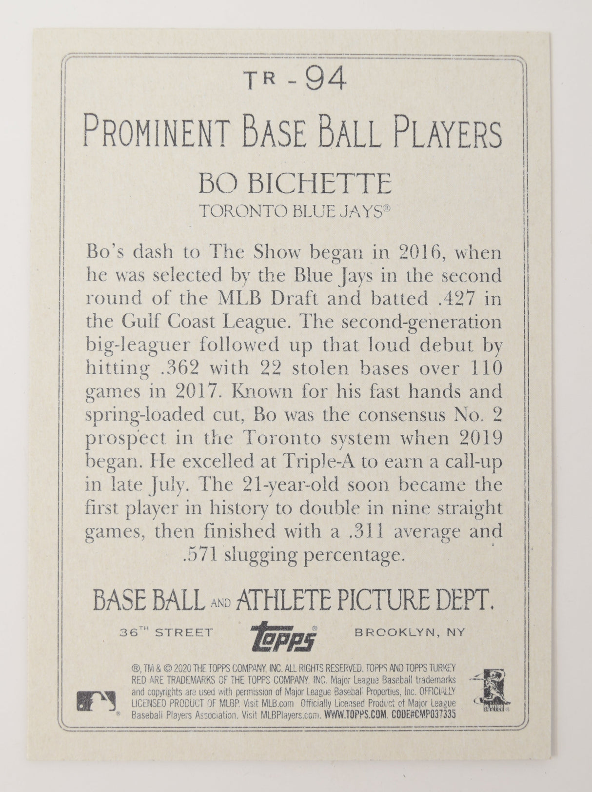 Bo Bichette Topps 2020 Baseball Turkey Red RC Rookie Blue Jays Card TR-94