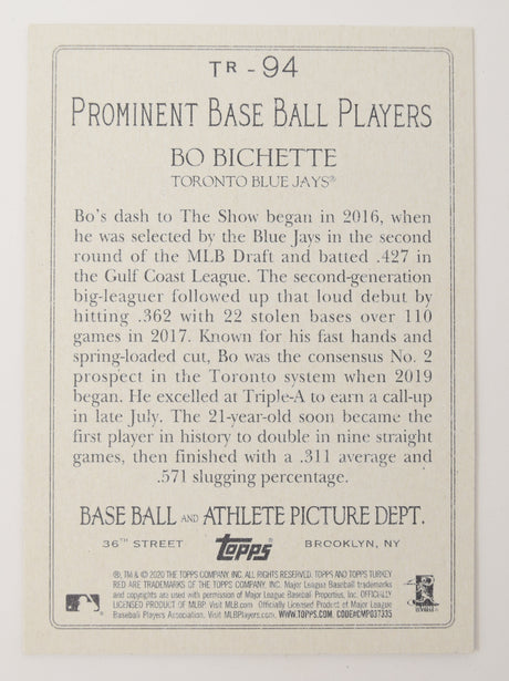 Bo Bichette Topps 2020 Baseball Turkey Red RC Rookie Blue Jays Card TR-94