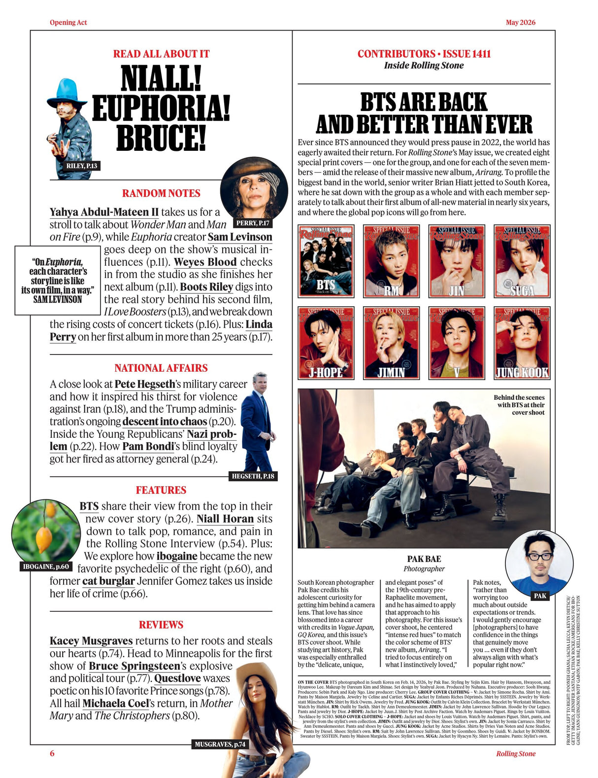 Rolling Stone - May 2026: BTS Back On Top, Kacey Musgraves Returns To Her Roots & Steals Our Hearts, Pete Hegseth's Military Career, Niall Horan On Pop, Romance & Pain, Michaele Coel's Return & More!