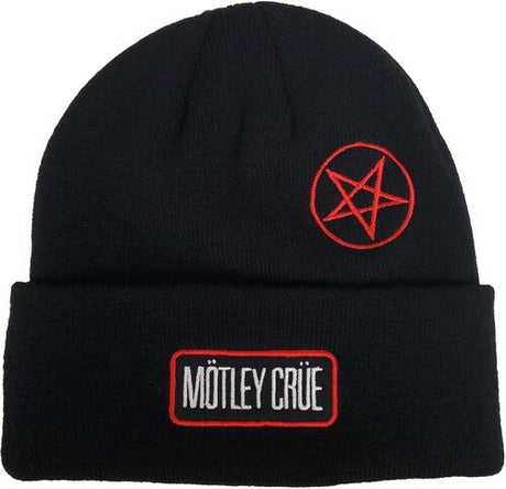 Motley Crue - Motley Crue - Embroidered Twill Patch & Pentagram - Acrylic Knit Hat - Black BN400MOT (Hat, One Size Fits All, Black) [Hat]