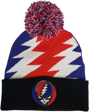 The Grateful Dead - Grateful Dead - Steal Your Face Patch - Knit Pom Hat - Jacquard Lighting Bolt Red/White/Blue/Black BN25GFD265 (Hat, One Size Fits All, Black) [Hat]